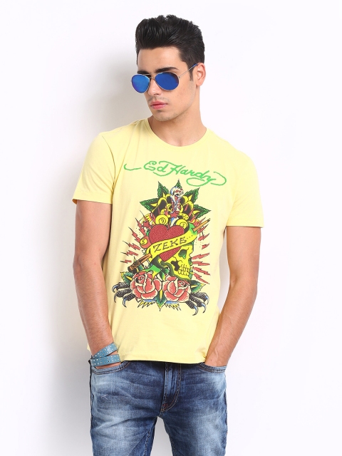 

Ed Hardy Men Yellow Printed Pure Cotton T-shirt