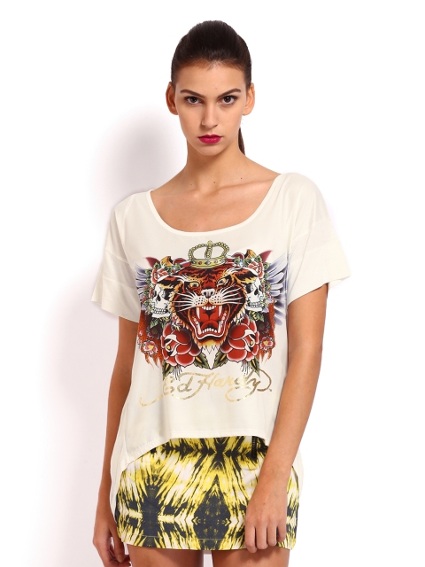 

Ed Hardy Women Off-White Printed Crop Top