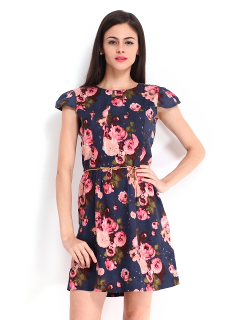 

ELLE Blue & Pink Floral Printed Fit & Flare Dress