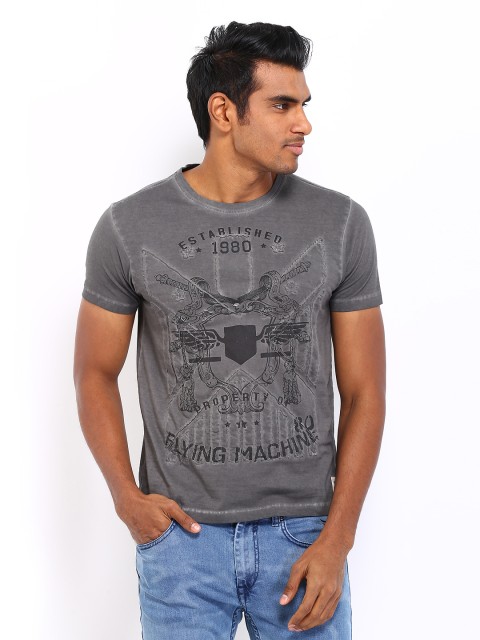 

Flying Machine Men Charcoal Grey Printed T-shirt
