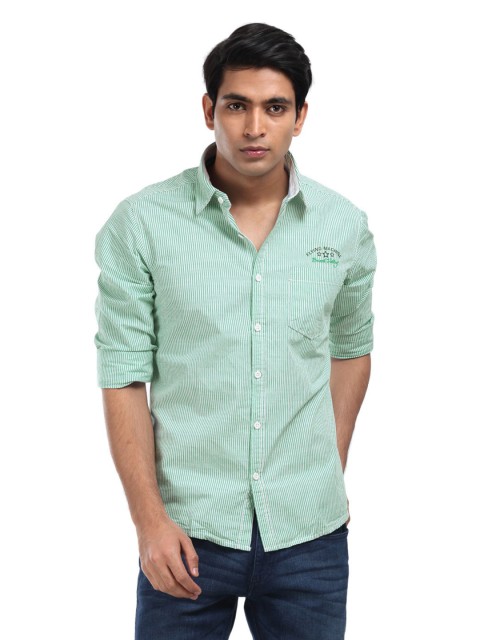 

Flying Machine Men Green & White Striped Slim Fit Shirt