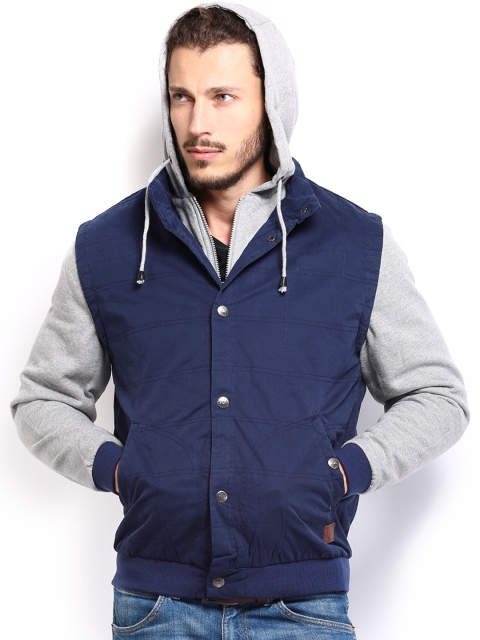 

Flying Machine Men Navy & Grey Melange Hooded Jacket, Navy blue