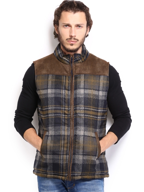 

Flying Machine Men Brown & Grey Checked Sleeveless Jacket