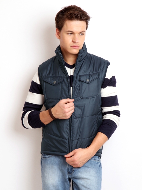 

Flying Machine Men Navy Padded Sleeveless Jacket, Navy blue