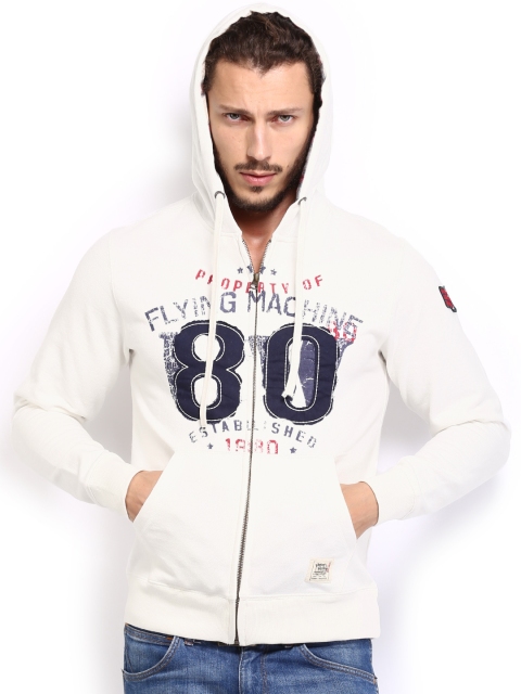 

Flying Machine Men Off-White Printed Hooded Sweatshirt