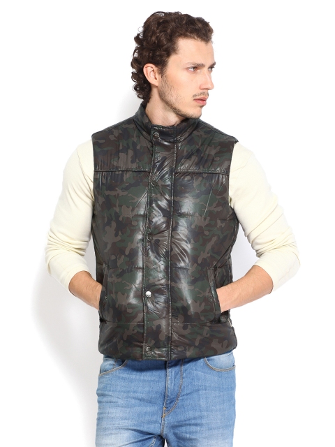 

Flying Machine Men Olive Green & Brown Camouflage Printed Padded Sleeveless Jacket