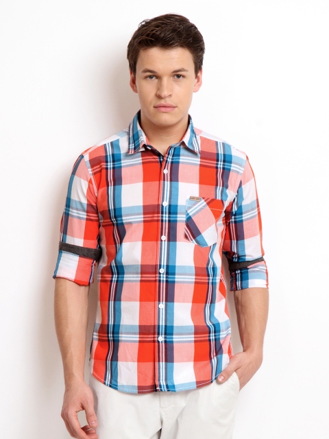 

Flying Machine Men Orange & Blue Checked Premium Fit Casual Shirt