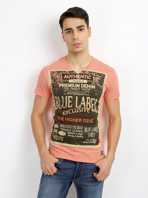 

Flying Machine Men Peach Coloured Printed T-shirt