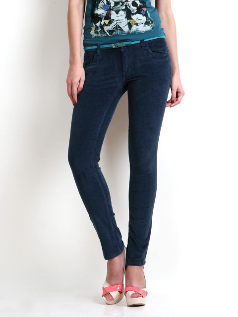 

Flying Machine Women Navy Skinny Fit Corduroy Trousers, Navy blue