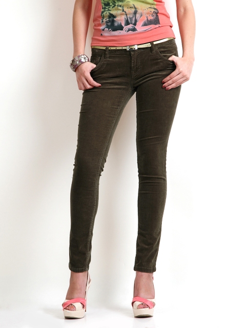 

Flying Machine Women Olive Green Skinny Fit Corduroy Trousers