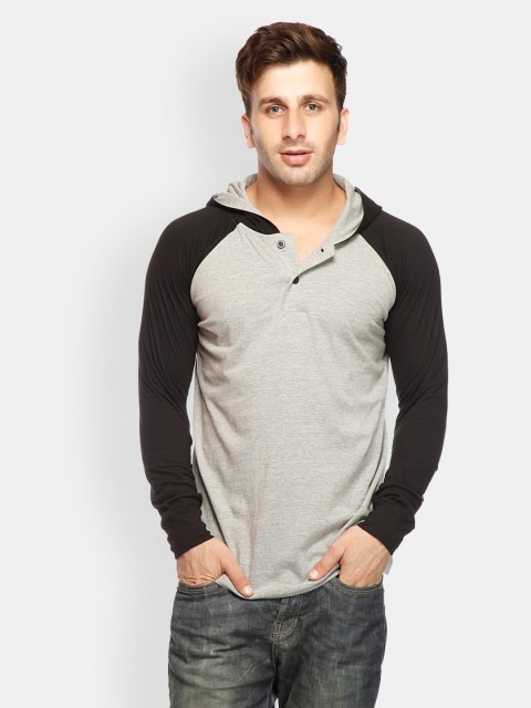 

Gritstones Men Grey Melange & Black Hooded T-shirt