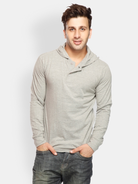 

Gritstones Men Grey Melange Hooded Pure Cotton T-shirt