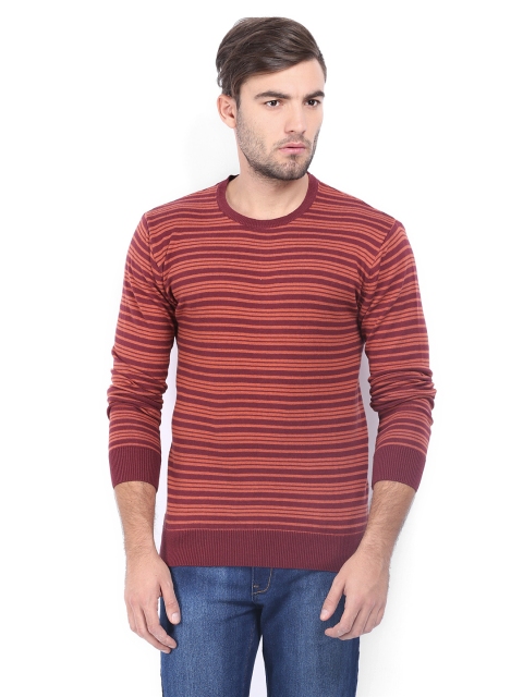 

HIGHLANDER Men Maroon & Orange Striped Sweater