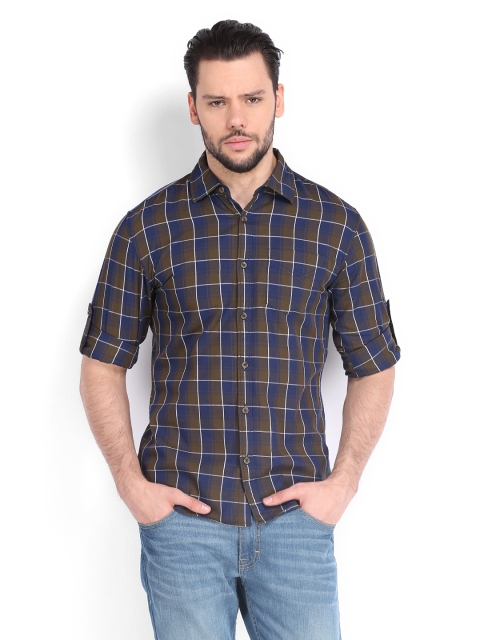 

Highlander Men Navy & Green Checked Slim Fit Casual Shirt, Navy blue