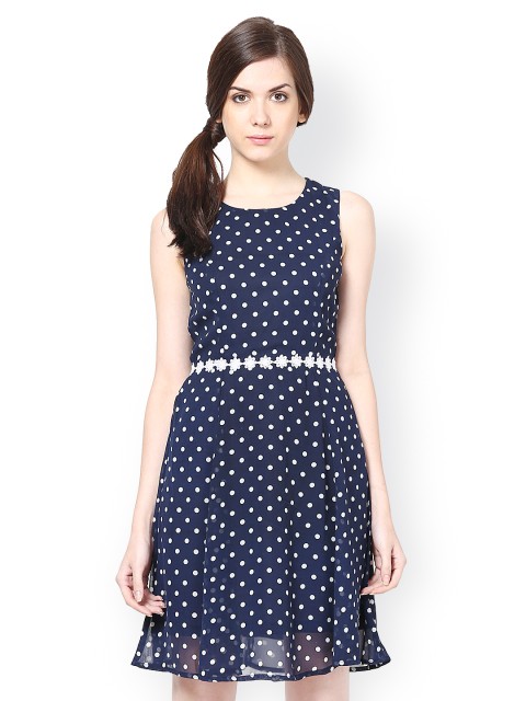 

Harpa Navy Printed Fit & Flare Dress, Navy blue