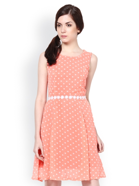 

Harpa Peach-Coloured Printed Fit & Flare Dress
