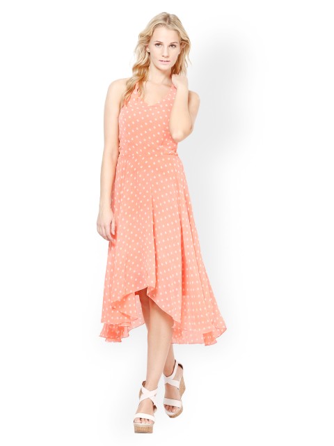 

Harpa Peach-Coloured High-Low Printed Dress