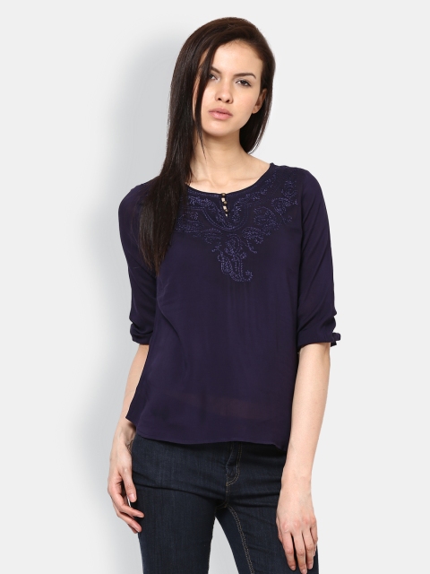 

Harpa Women Navy Embroidered Top, Navy blue