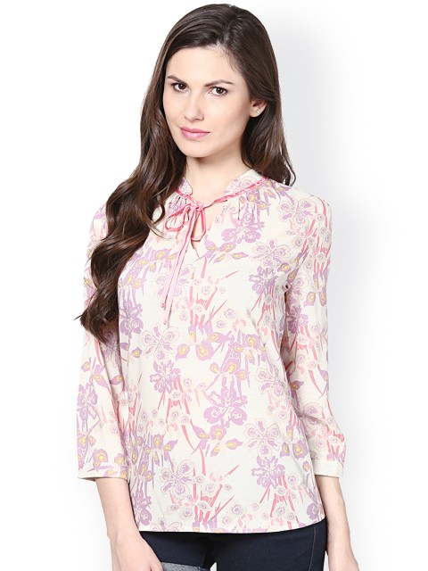 

Harpa Women Cream-Coloured & Purple Printed Top