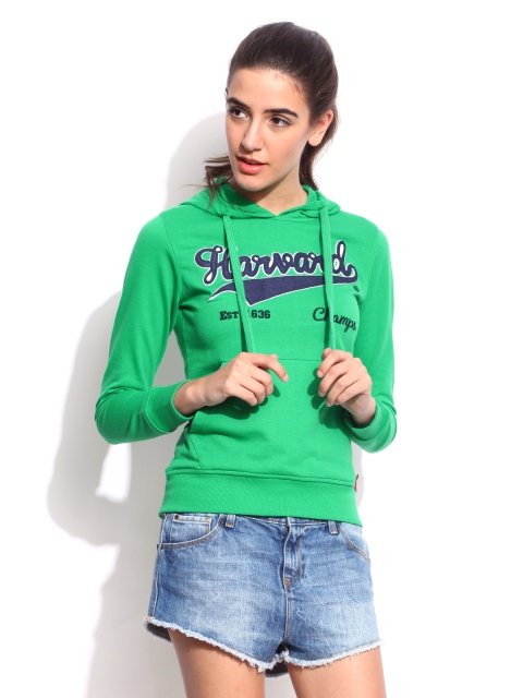 

HARVARD Women Green Slim Fit Souvenir Printed Hooded Sweatshirt