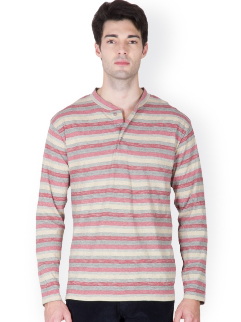 

Hypernation Men Red & Grey Striped Henley T-shirt