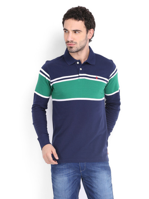 

IZOD Men Navy & Green Striped Pique Polo T-shirt, Navy blue