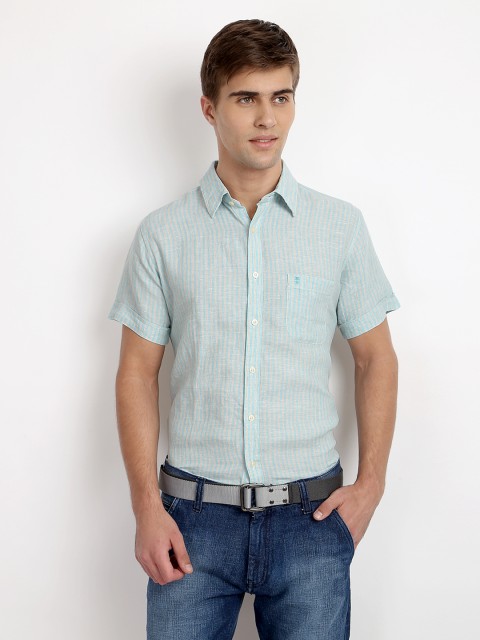 

IZOD Men Turquoise Blue & Beige Striped Linen Slim Fit Casual Shirt