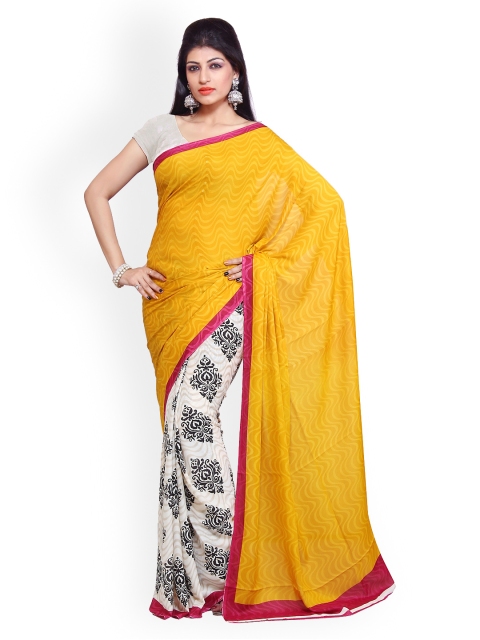 

Ishin Yellow & White Half & Half American Crepe Printed Saree