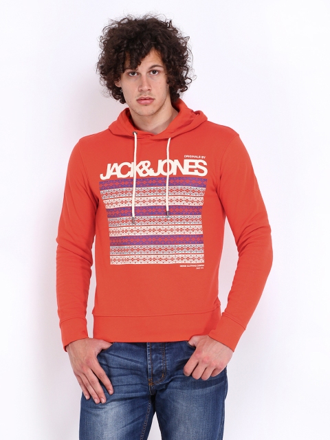 

Jack & Jones Men Orange Printed Hooded Sweatshirt