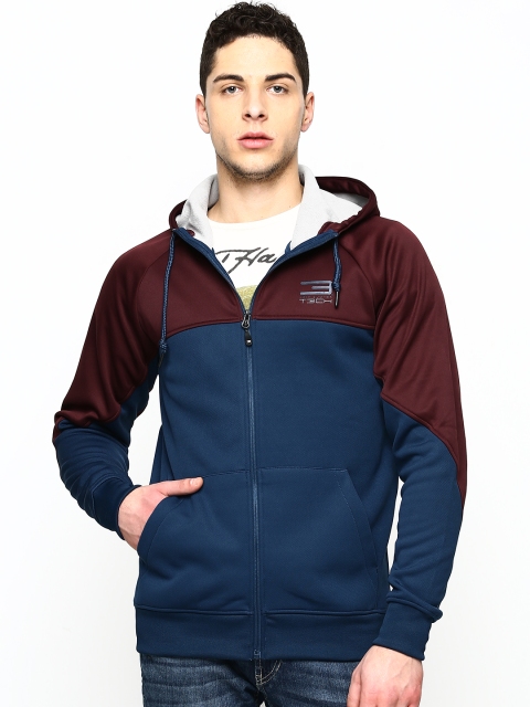 

Jack & Jones Men Burgundy & Teal Blue Hooded Sweatshirt