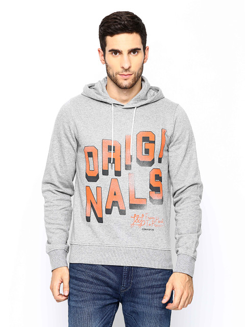 

Jack & Jones Men Grey Melange Hooded Printed Sweatshirt