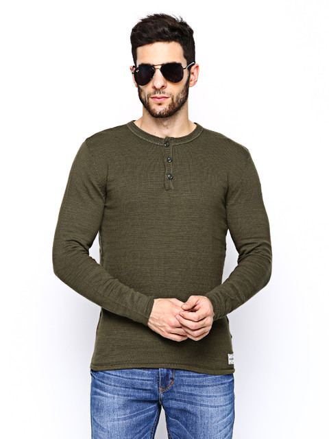 

Jack & Jones Men Olive Green Henley T-shirt
