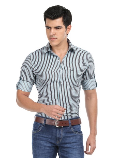 

John Players Men Blue & Brown Striped Trim Fit Casual Shirt