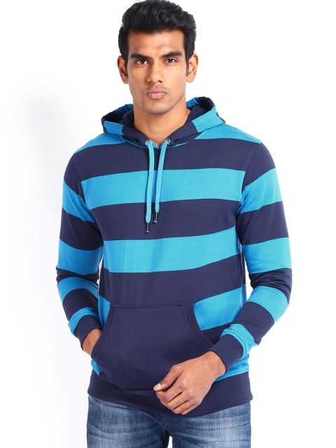 

Locomotive Men Blue Striped Hooded Sweathsirt