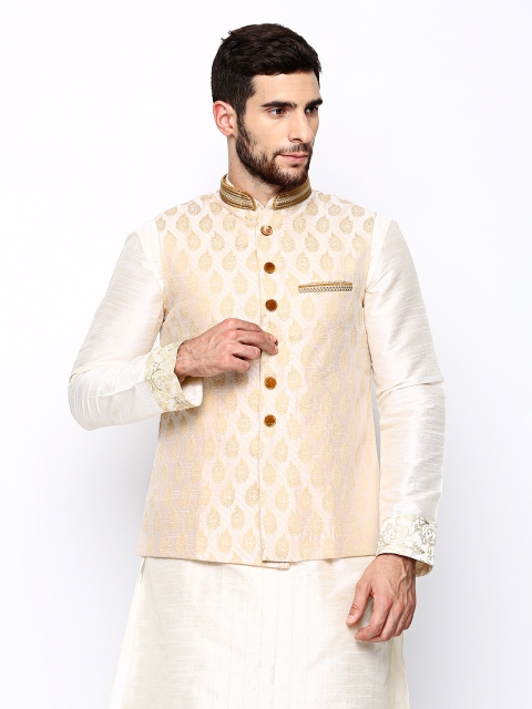 

Manyavar Cream-Coloured Embroidered Nehru Jacket, Beige