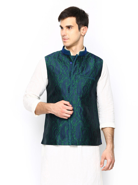 

Manyavar Men Green & Blue Nehru Jacket with Woven Pattern