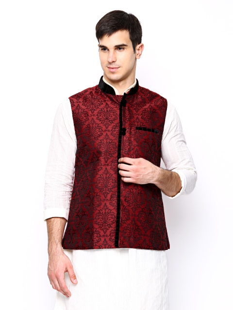 

Manyavar Maroon Embroidered Nehru Jacket