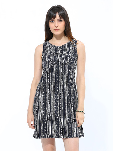 

Mineral Navy & Beige Printed A-Line Dress, Navy blue