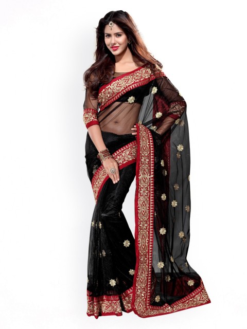 

MIRCHI FASHION Black Embroidered Supernet Fashion Saree
