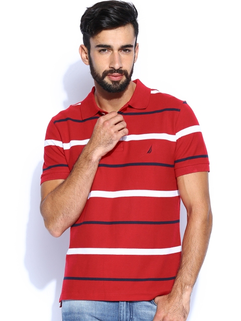 

Nautica Men Red Striped Pique Polo T-shirt