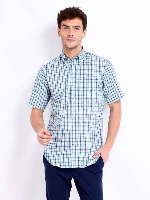 

Nautica Men White & Navy Checked Classic Fit Smart-Casual Shirt