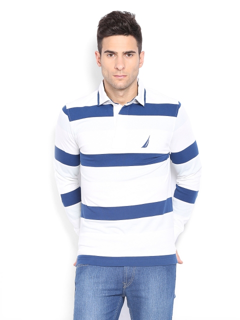

Nautica Men White & Navy Striped Polo T-shirt