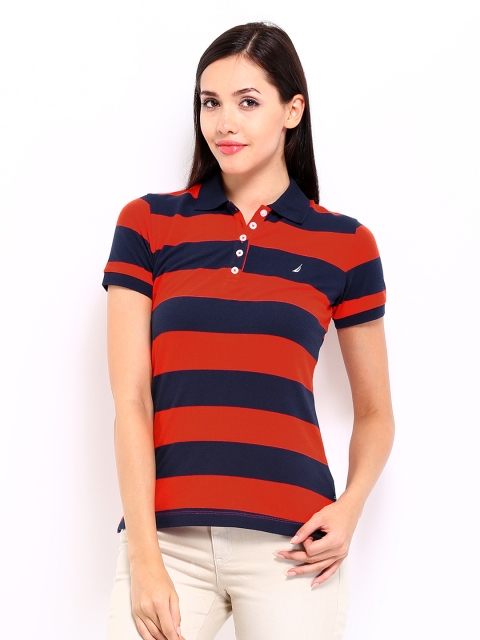 

Nautica Women Red & Navy Striped Polo T-shirt