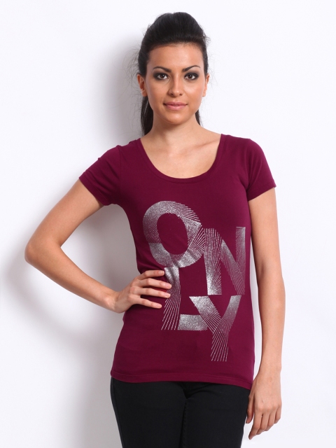 

ONLY Women Burgundy Printed T-shirt