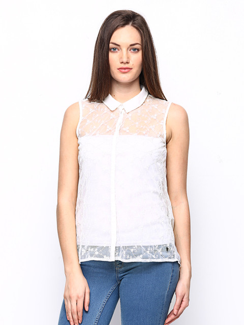 

ONLY Women White Sheer Embroidered Shirt, Off white