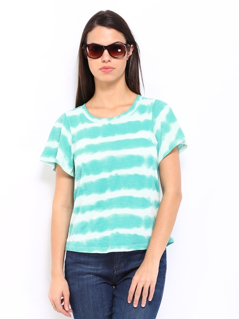 

ONLY Women Turquoise Blue & White Striped T-shirt