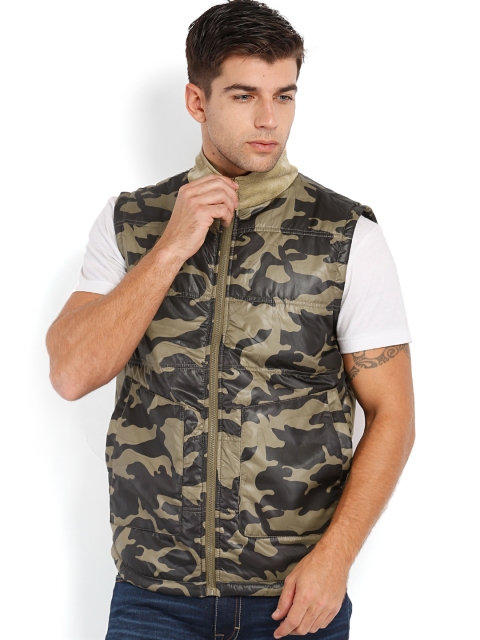 

Peter England Casuals Men Olive Green Camouflage Print Padded Sleeveless Jacket