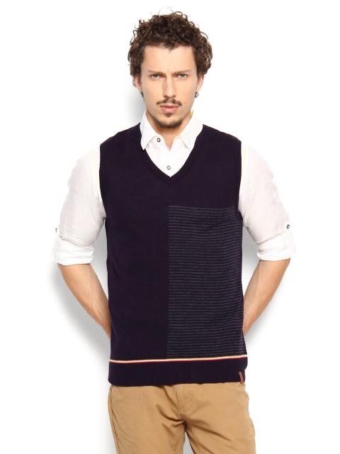 

Peter England Men Purple & Grey Striped Sweater