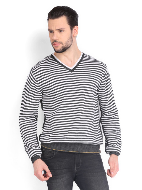 

Peter England White & Charcoal Grey Striped Sweater