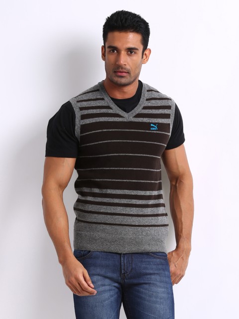 

Puma Men Brown & Grey Melange Striped Sleeveless Sweater